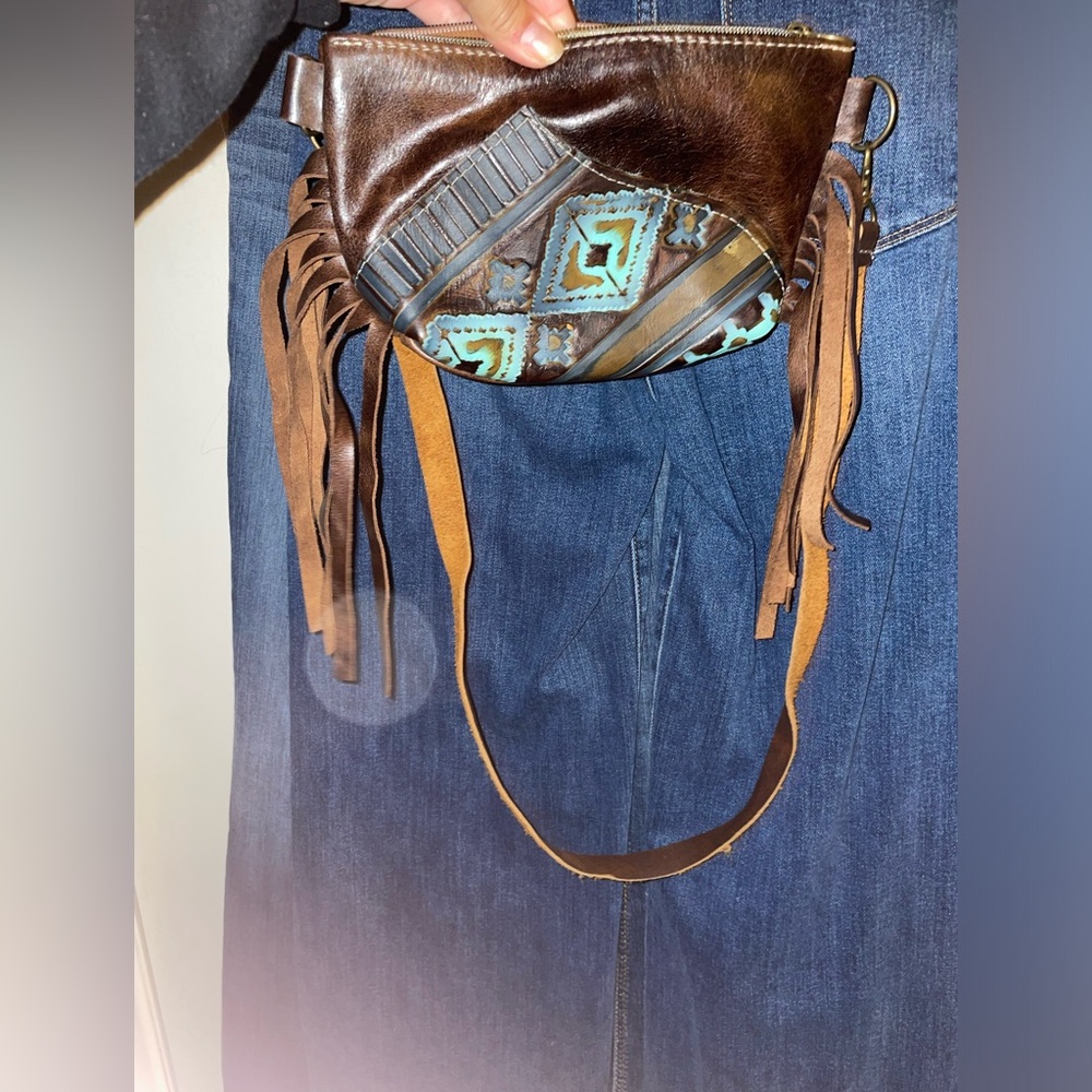 womens new small Brown and Blue Fringe Leather Crossbody Bag